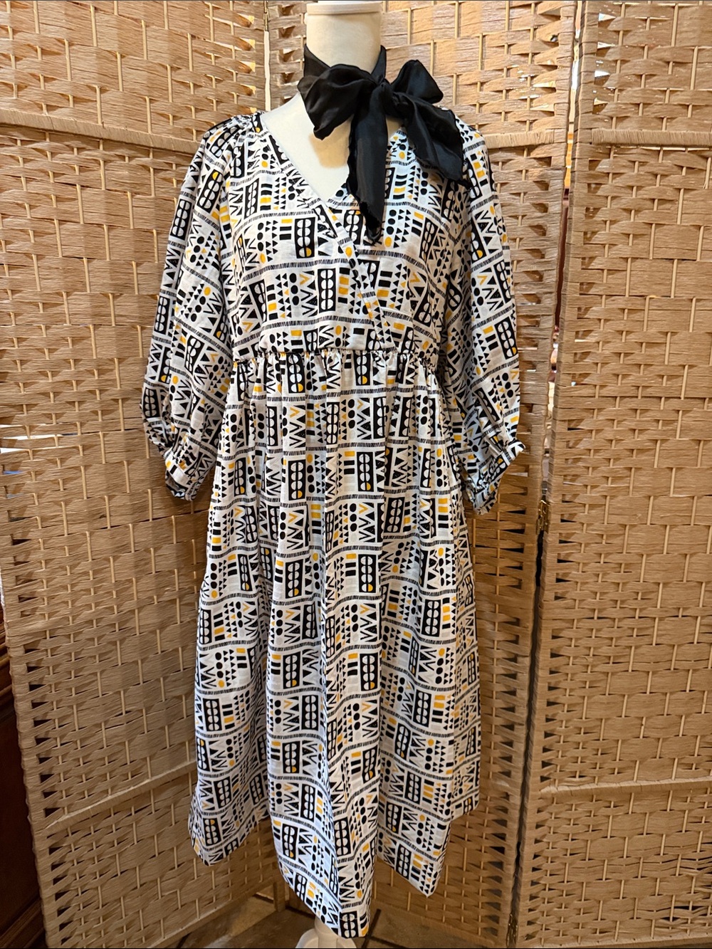 Hand Crafted Black, White & Yellow Geometric V-Neck Midi Dress with Tie Detail